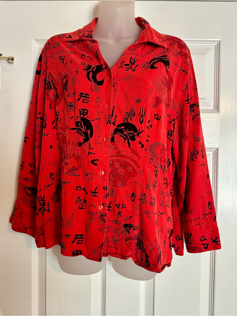 Tianello Red Button-Down Shirt with Black Geisha Print